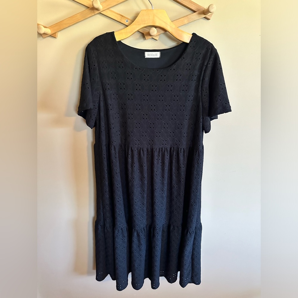 Roolee Midi Black Eyelet Dress, Size S